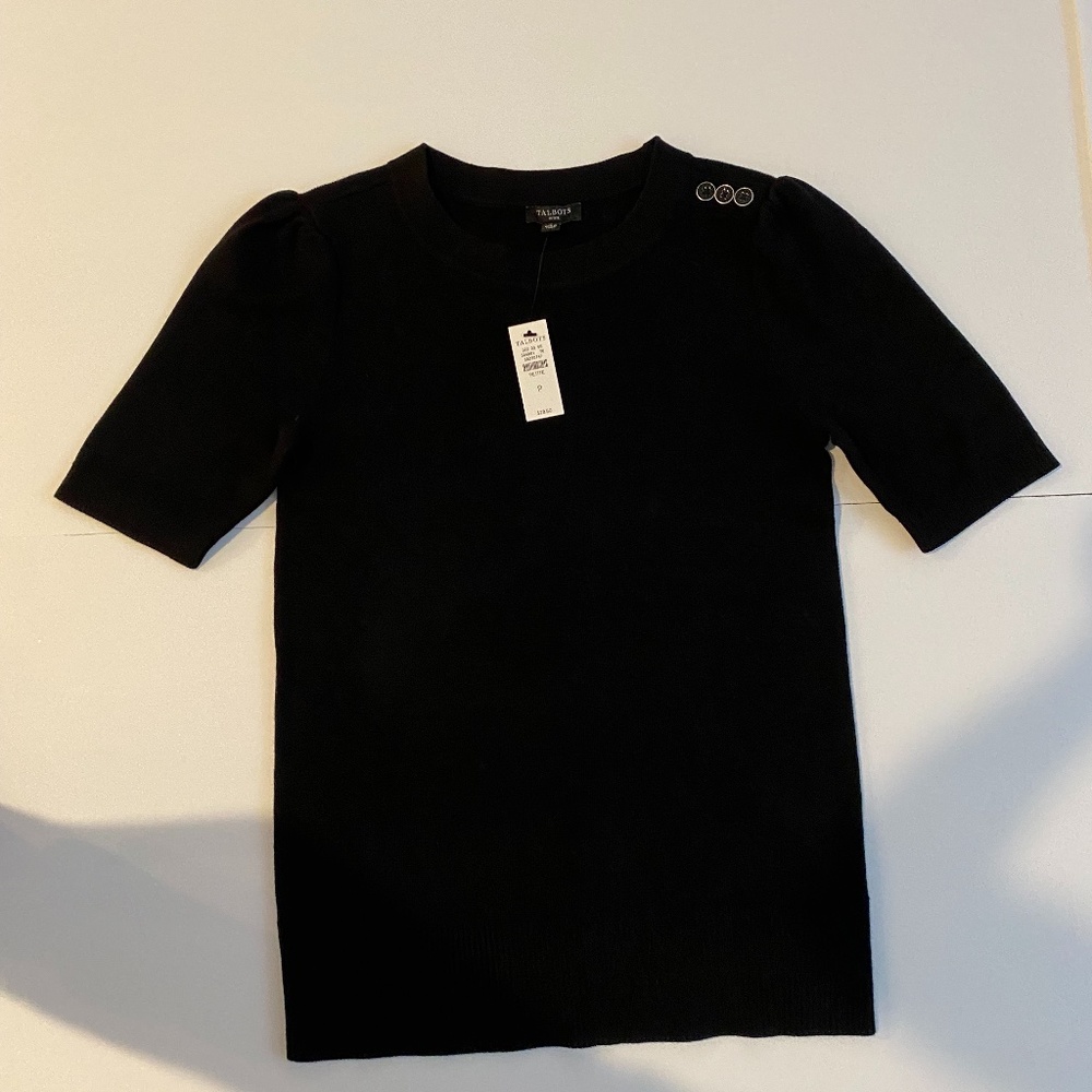 Talbots short-sleeve sweater. Black, Size P, 60% Cotton 40% Rayon.